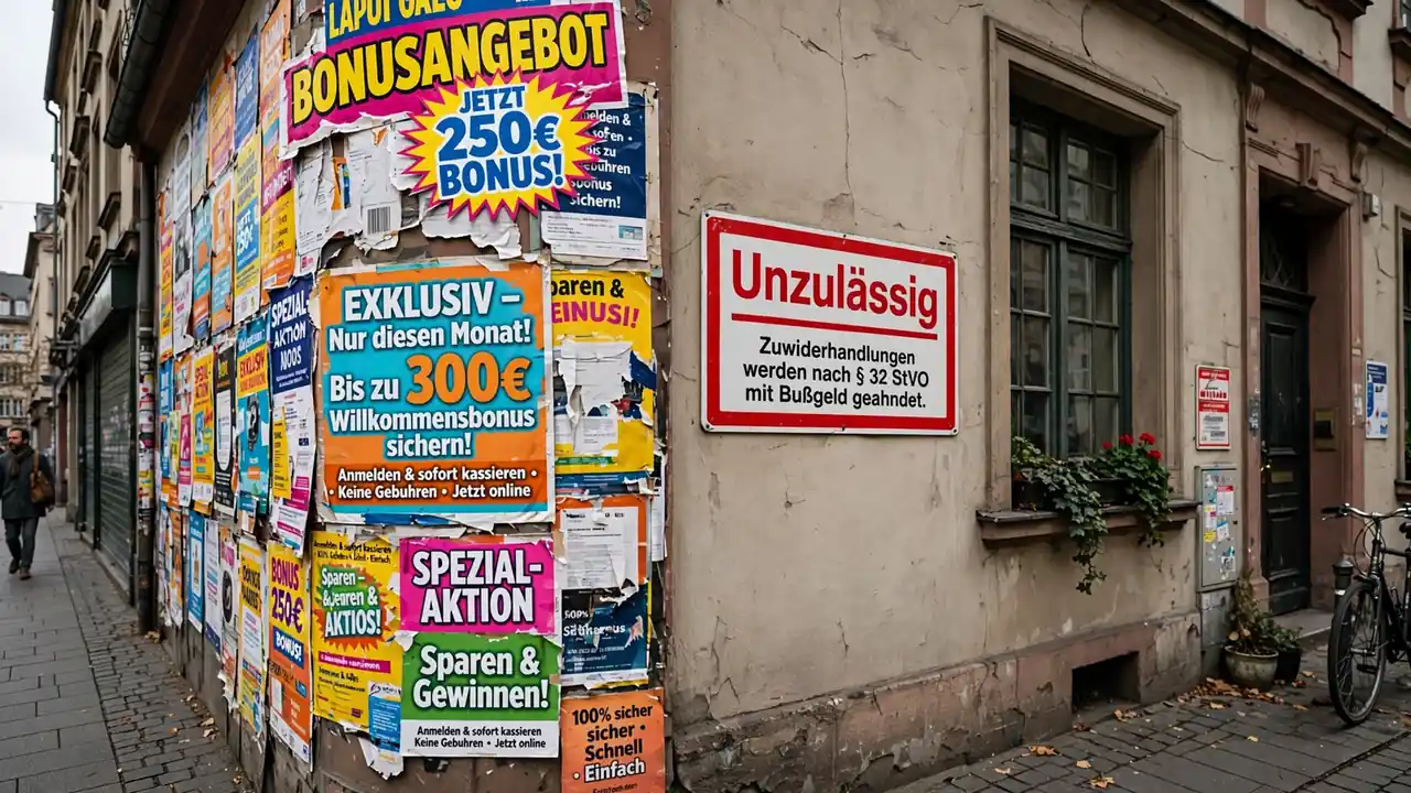 Werbeplakate und Verbotsschild an einer deutschen Hausfassade