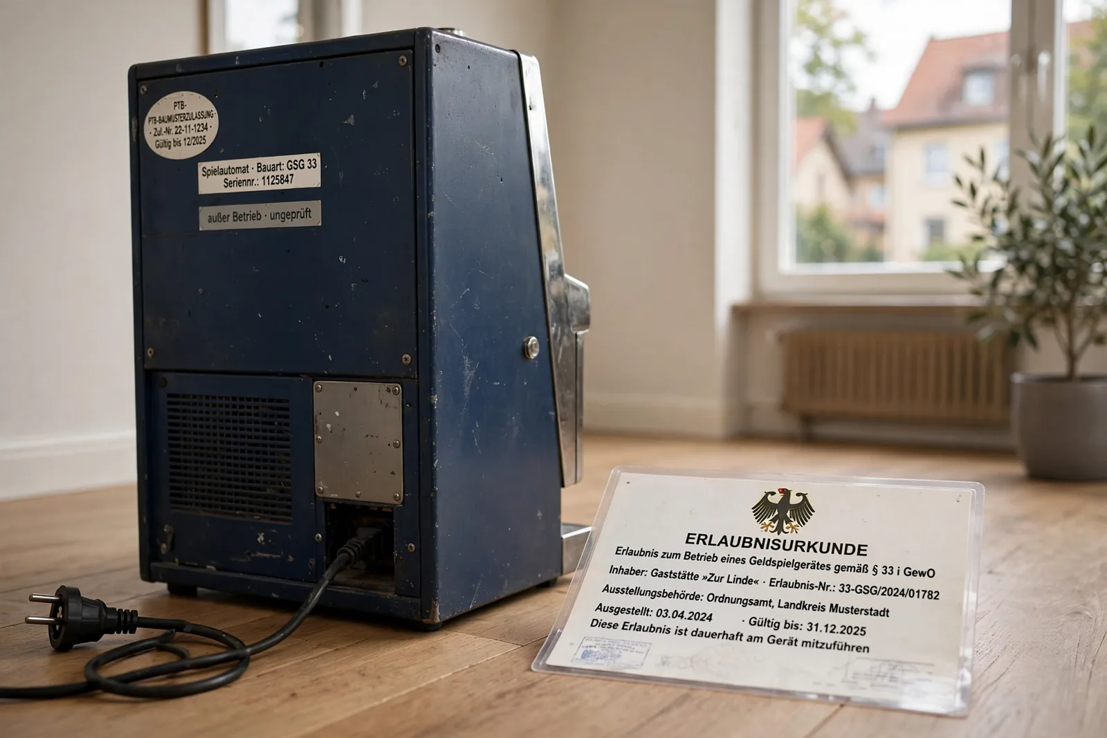 Spielautomat neben amtlicher Genehmigung mit Bundesadler