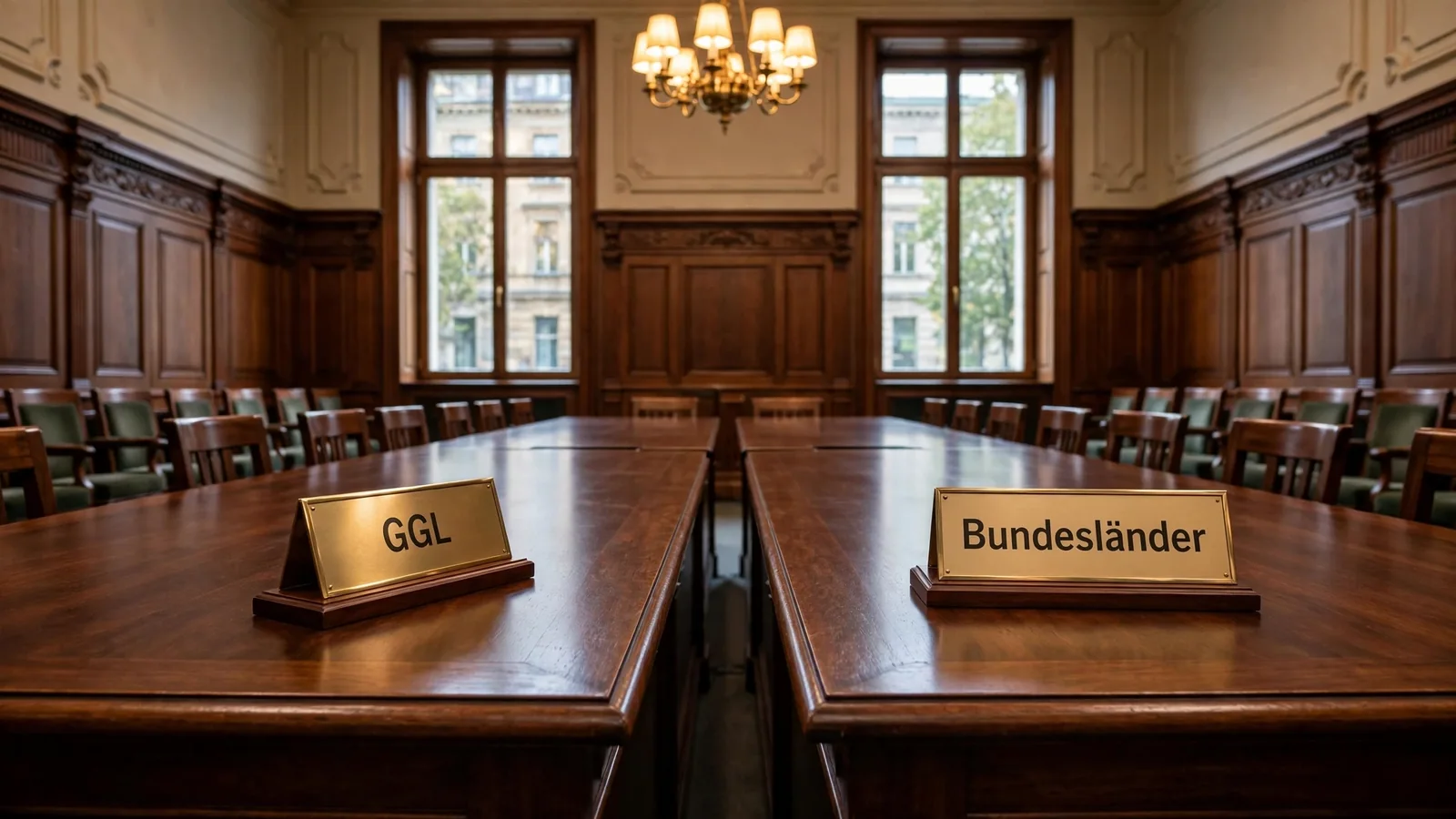 Geteilter Konferenztisch mit Hinweisschildern im Bundesrat