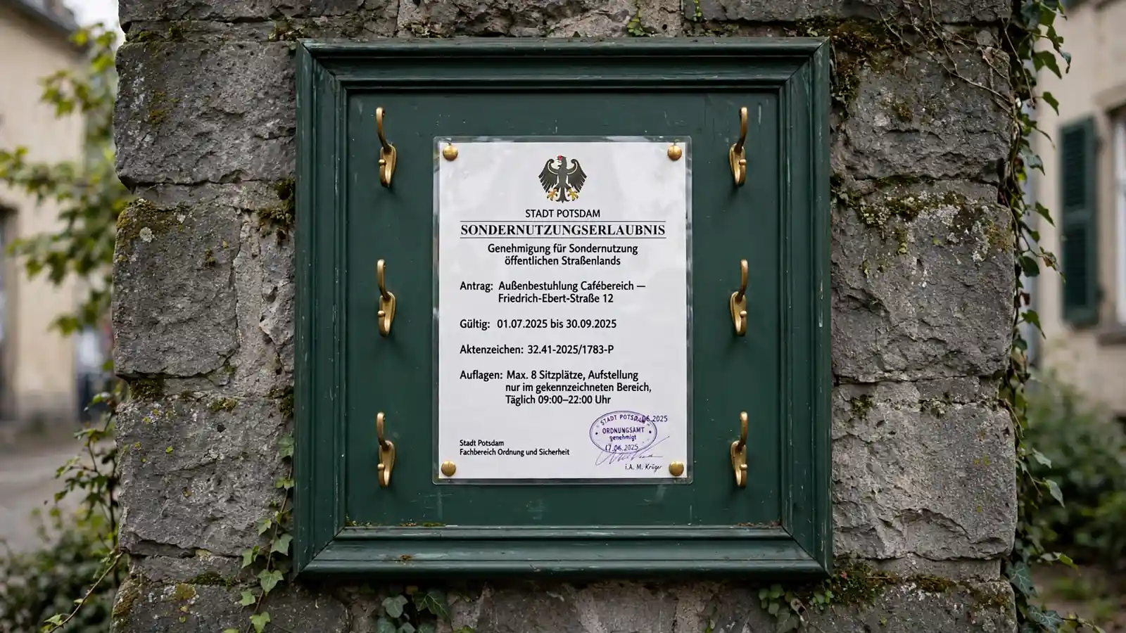 Amtliches Hinweisschild mit Genehmigung an einer Steinwand
